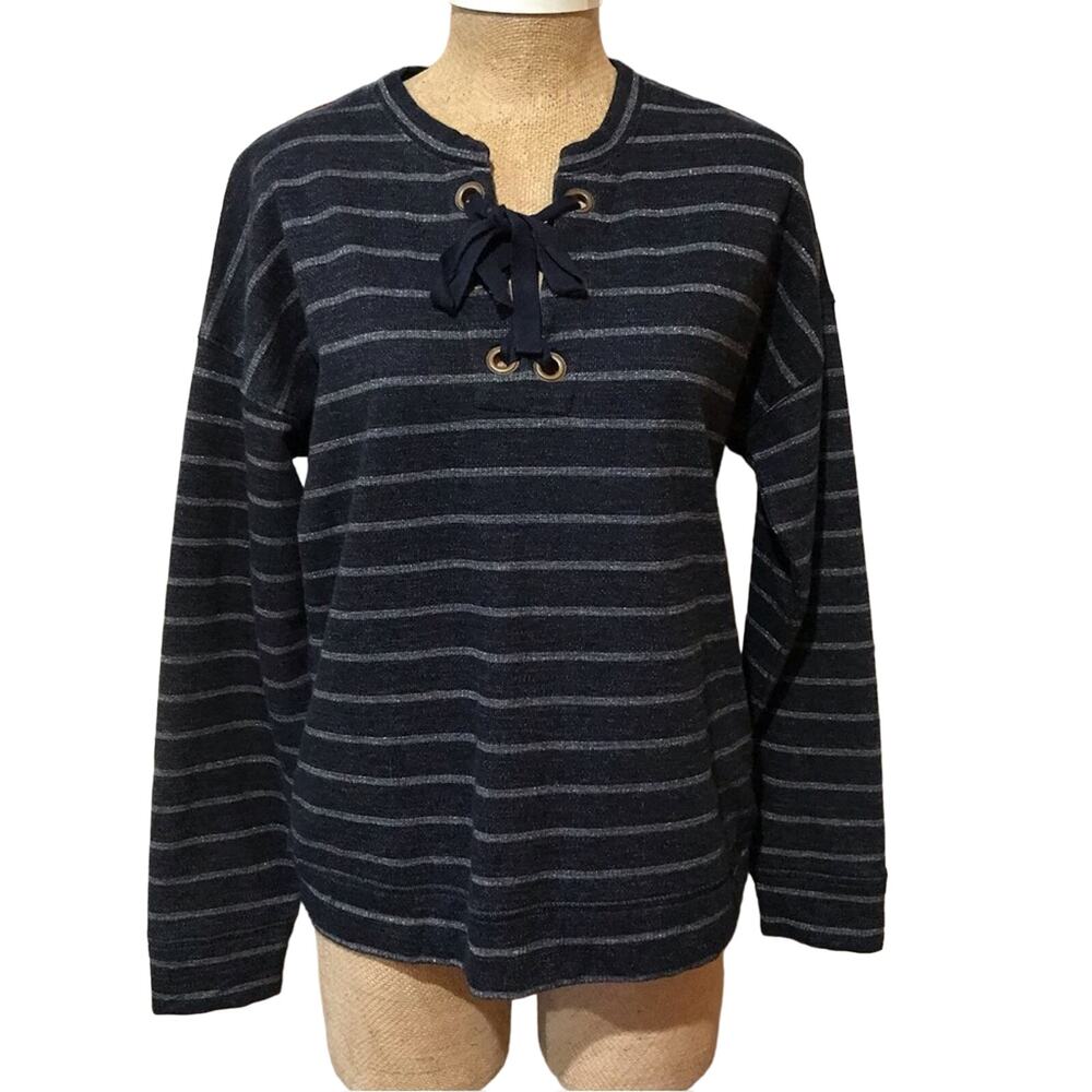 Lucky Brand Sweatshirt Womens Medium Blue Silver Glitter Lace Up Stripe Popover